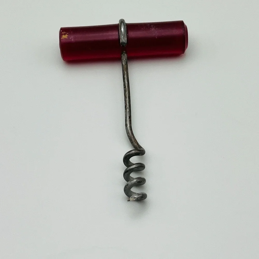 Vintage Corkscrew Bar Tool Red Acrylic Handle Metal Spiral‎ Mid Century Retro